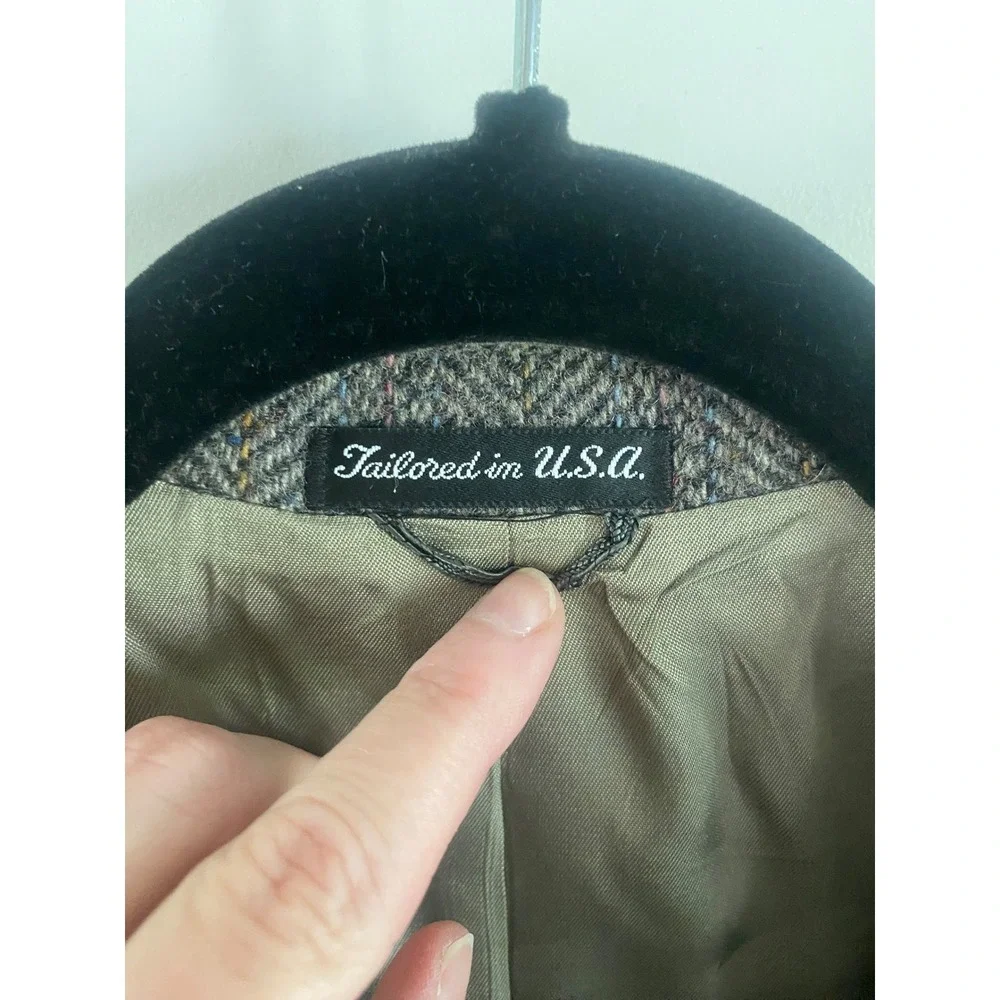 Stafford Hampshire Men Grey Herringbone Wool Blazer Suede Elbow Patches USA Made